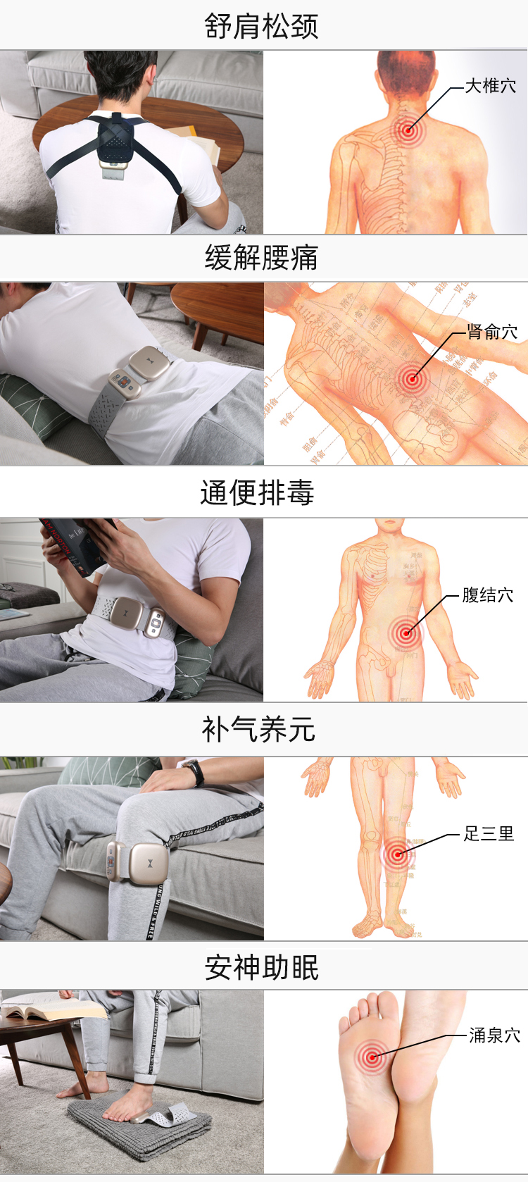 舒肩松頸、緩解腰痛、通便排毒、補(bǔ)氣養(yǎng)元、安神助眠